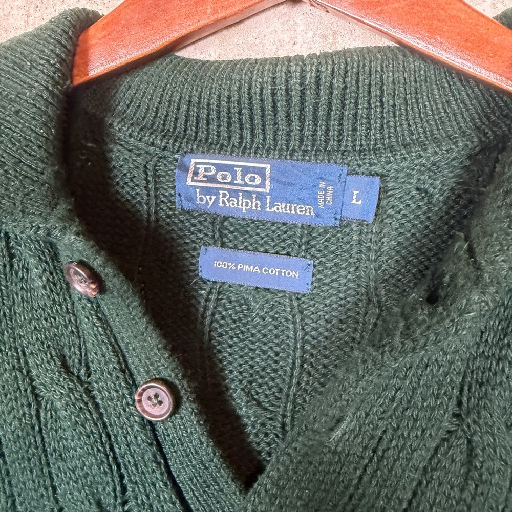 Polo Ralph Lauren Mens Green Pima Cotton Cable Knit‎ Henley Sweater Large - Picture 2 of 5